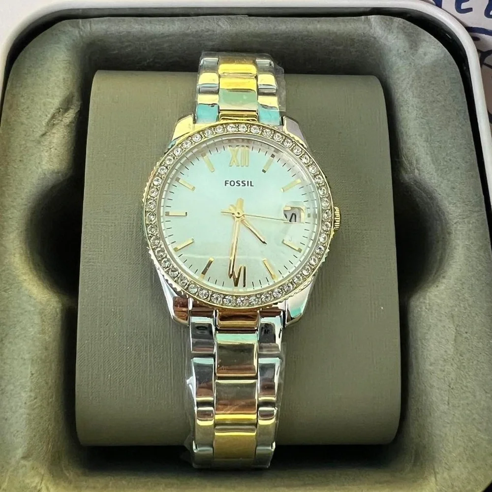 Fossil Scarlette Three-Hand Date Two-Tone Stainless Steel Watch.